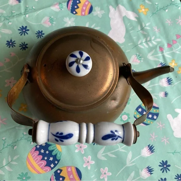 Vintage Copper and Brass Teapot with Blue and White Handle - Picture 3 of 7